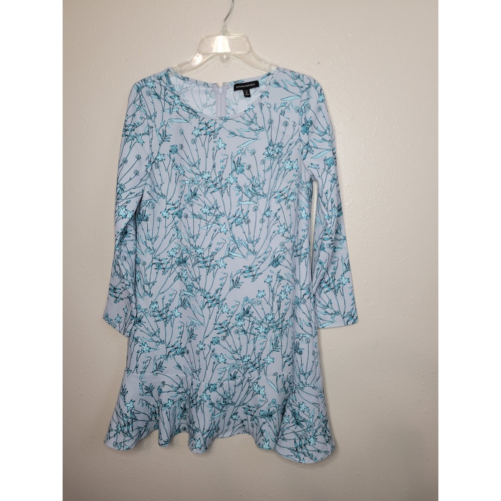 Banana Republic Womens Blue Floral Ruffle Hem Shift Dress Petite 8 Long Sleeve